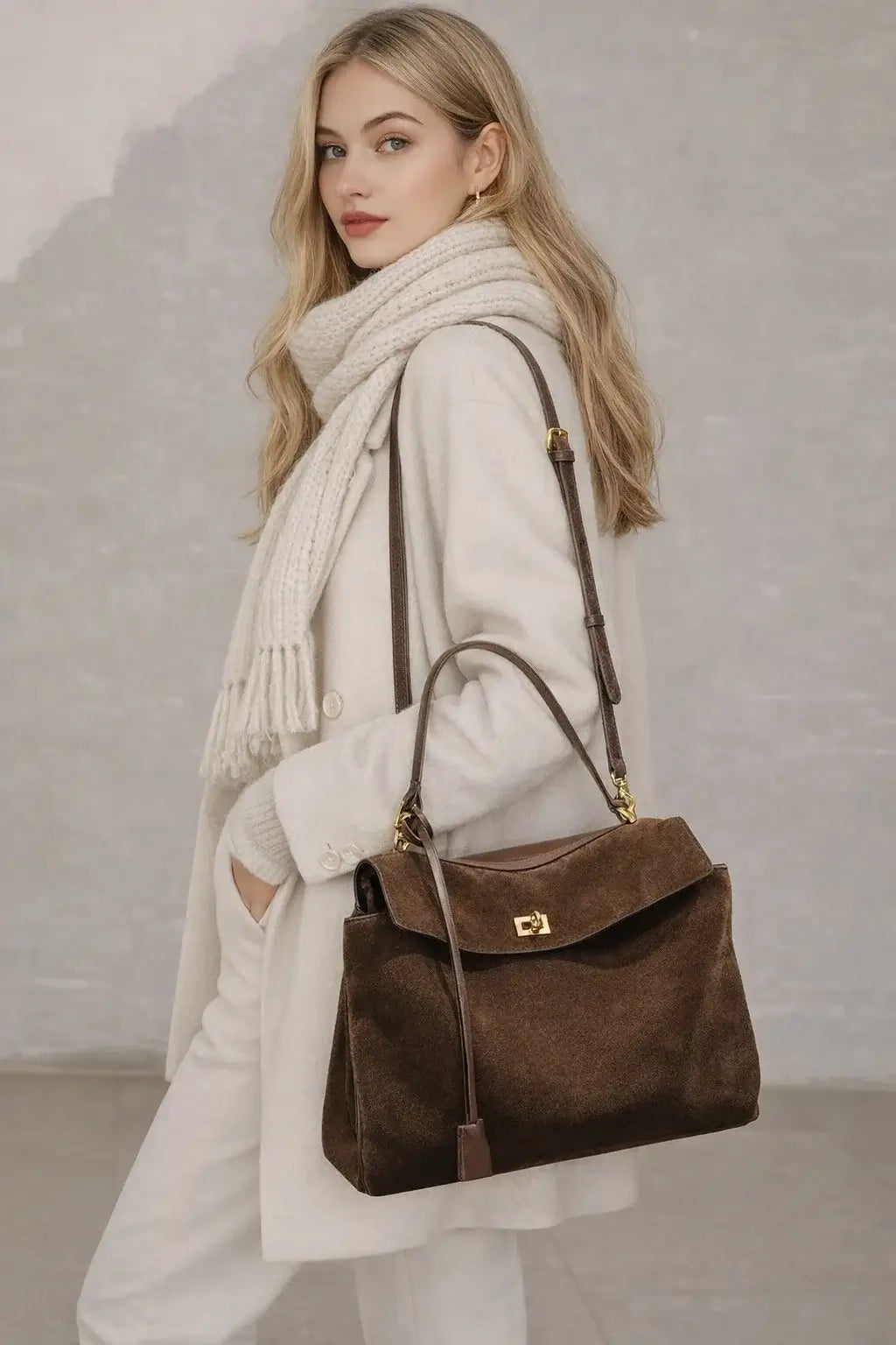 Frau trägt ein elegantes brauner Lederhandtasche