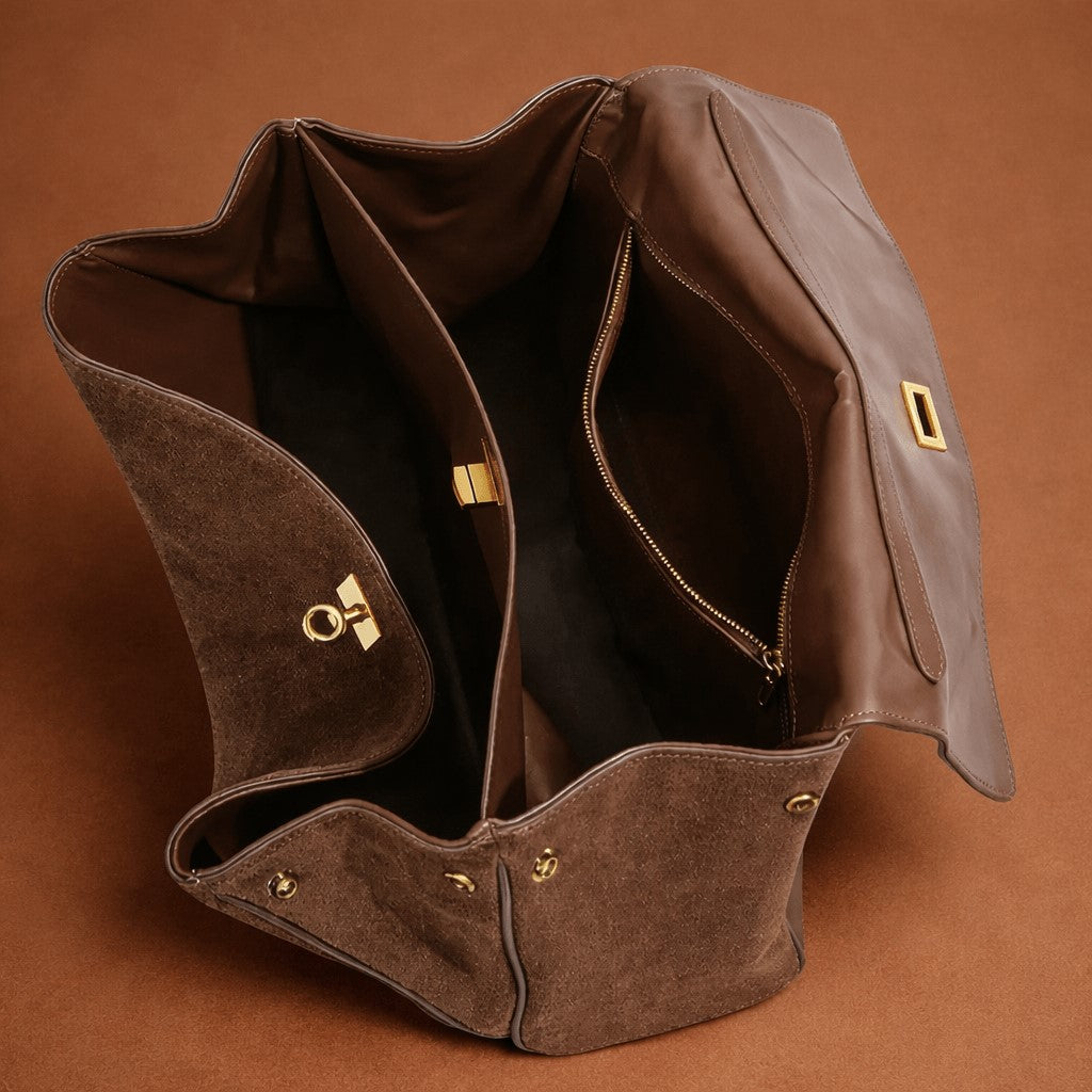 Schultertasche Damen Leder braun Innenraum mit Fächern